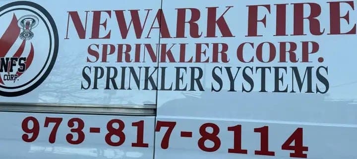 White van lettering for Newark Fire Sprinkler Corp, Sprinkler Systems, with a 973 phone number