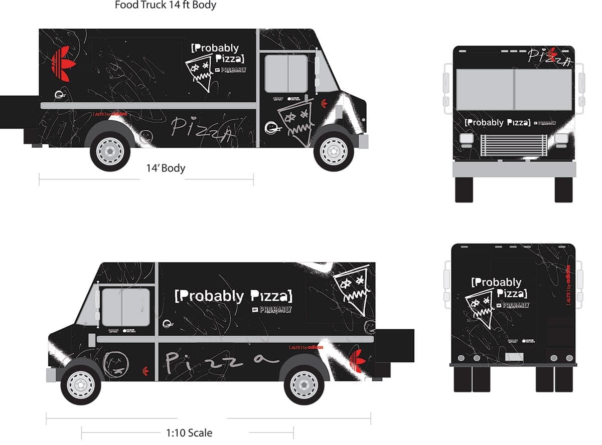 Vehicle template drawing for a 14-foot Probably Pizza food truck showing the side, front and rear views
