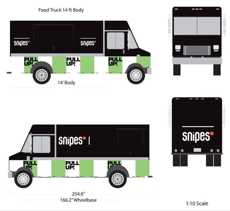 14-foot step van template drawing at 1:10 scale with the Snipes Pull Up layout placed on the side, front and rear views