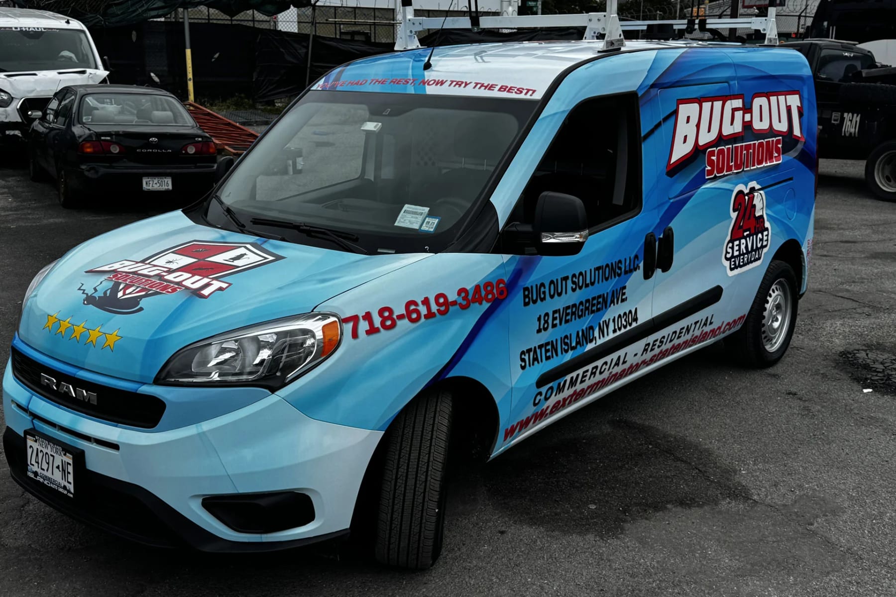 Bug-Out Solutions Ram ProMaster City in a full printed wrap, front three-quarter view