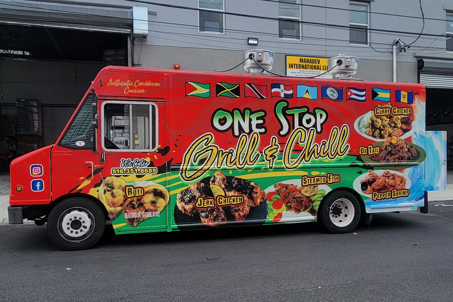 One Stop Grill & Chill Caribbean food truck, full printed wrap with Caribbean flags and food photos, side view