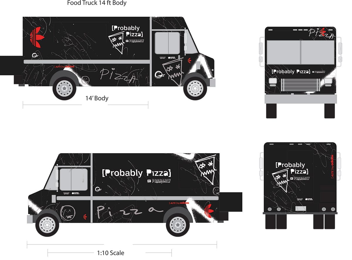 Vehicle template drawing for a 14-ft food truck with side, front and rear views, used to plan the wrap layout